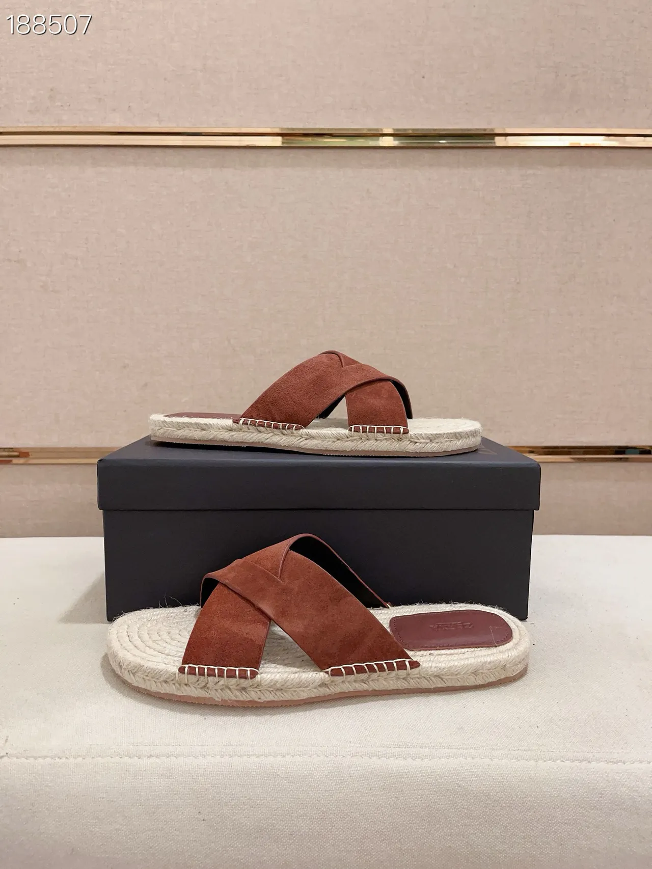 Rust Brown Suede Cross-Strap Woven Rope Sole Slippers 7