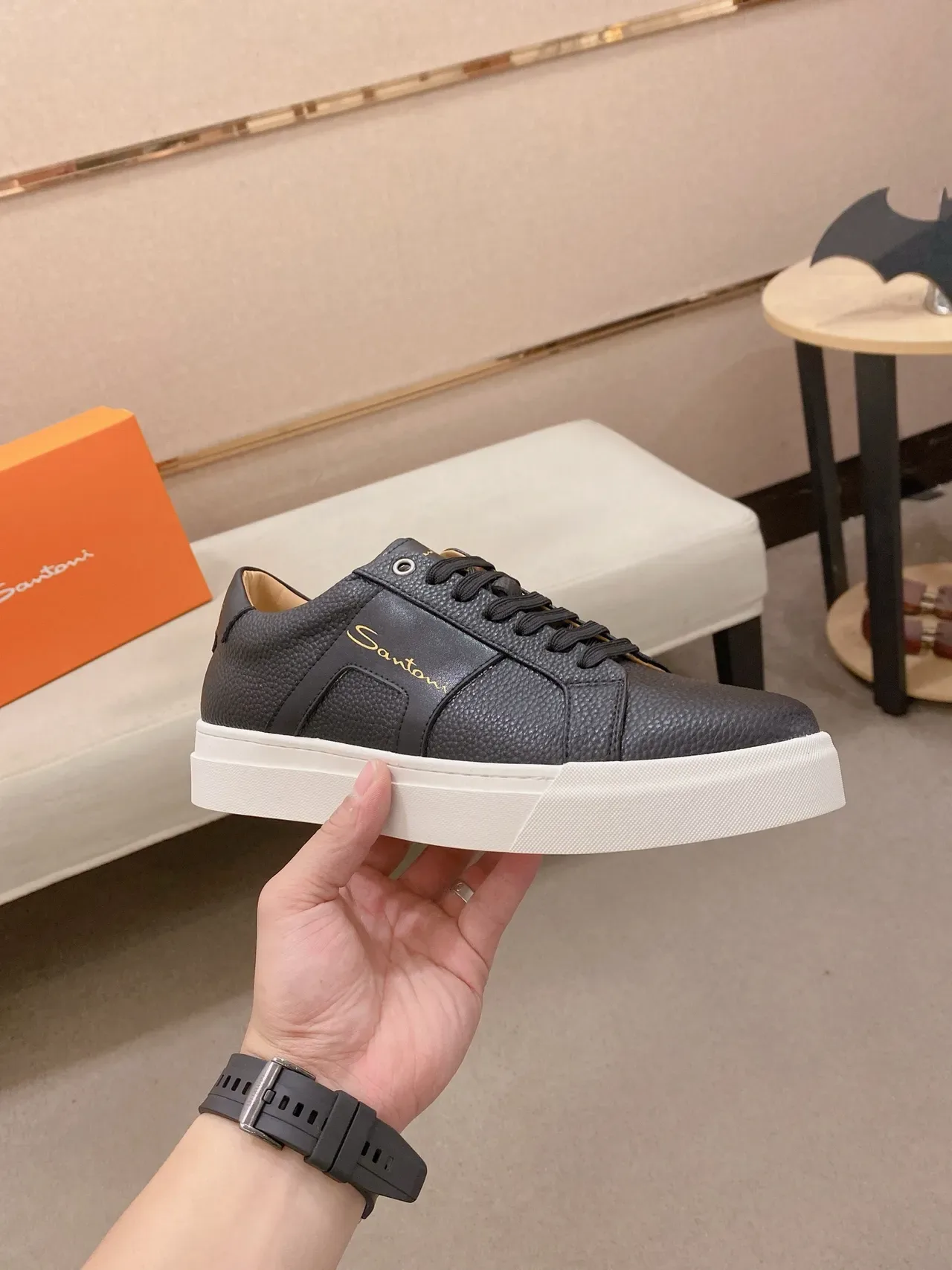 Santoni Black Leather Gold Logo Lifestyle Sneakers 6