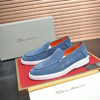Santoni Blue Orange Suede Upper Moccasin-Stitched Vamp Loafer