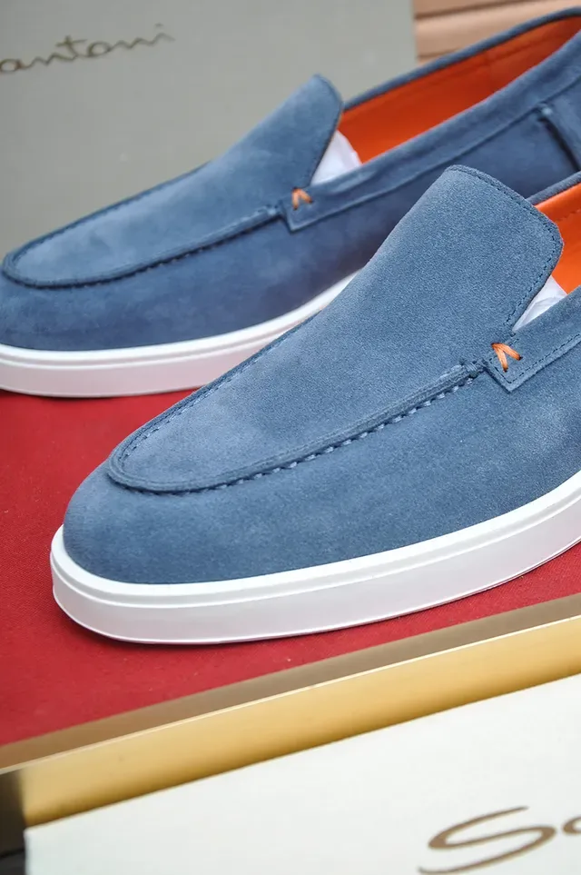Santoni Blue Orange Suede Upper Moccasin-Stitched Vamp Loafer 2
