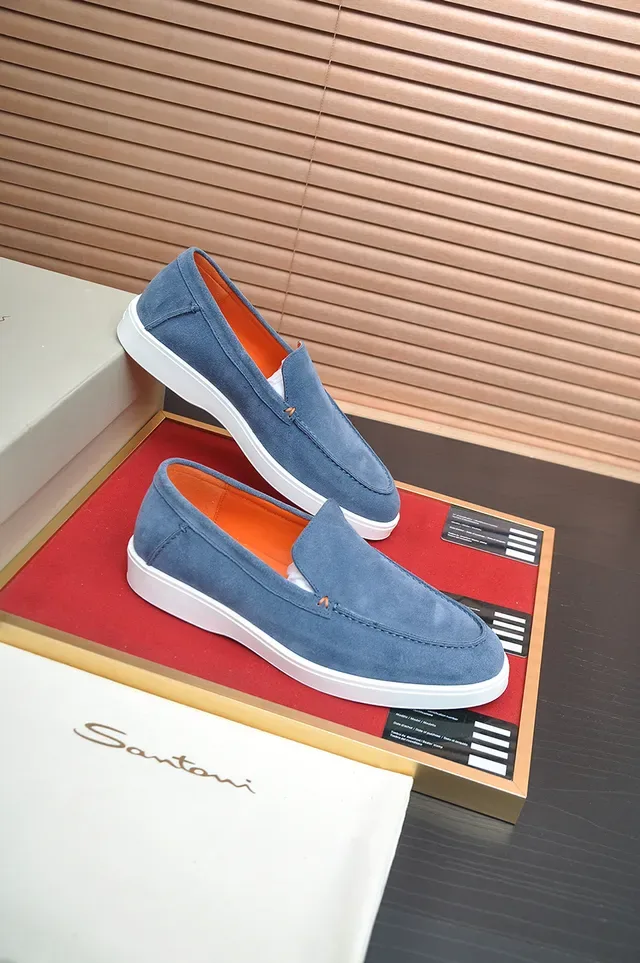Santoni Blue Orange Suede Upper Moccasin-Stitched Vamp Loafer 4