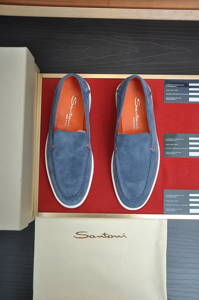 Santoni Blue Orange Suede Upper Moccasin-Stitched Vamp Loafer 5