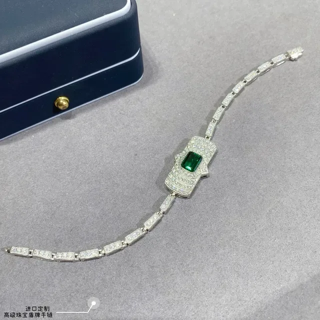 Shield-Shaped Emerald-Cut Green Gemstone Pavé Bracelet 2