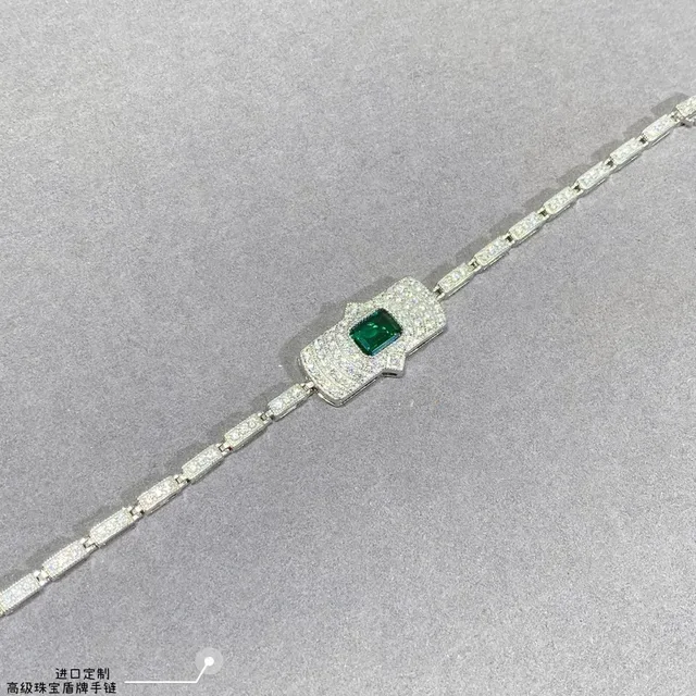 Shield-Shaped Emerald-Cut Green Gemstone Pavé Bracelet 3