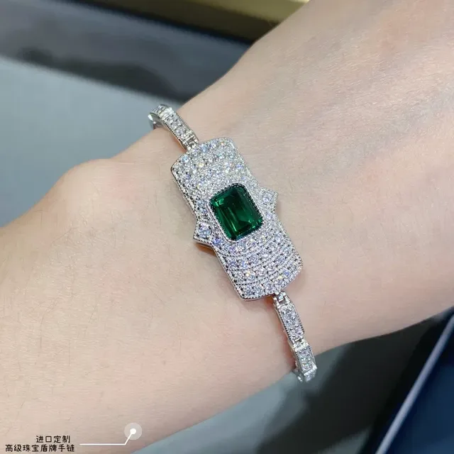 Shield-Shaped Emerald-Cut Green Gemstone Pavé Bracelet 5
