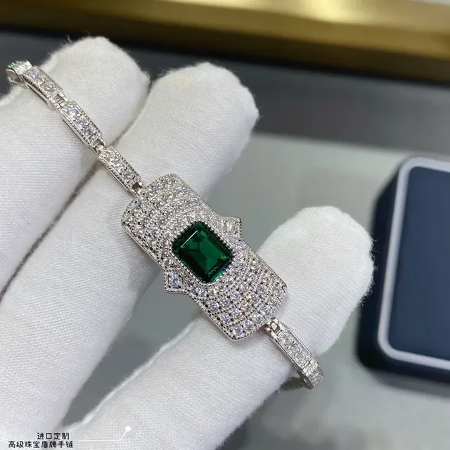 Shield-Shaped Emerald-Cut Green Gemstone Pavé Bracelet 6