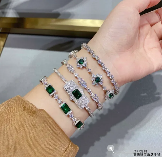 Shield-Shaped Emerald-Cut Green Gemstone Pavé Bracelet 8