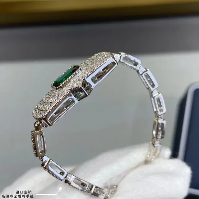 Shield-Shaped Emerald-Cut Green Gemstone Pavé Bracelet 9