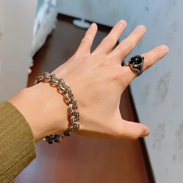 Silver Black Chunky Link Chain Ornate Bracelet 3