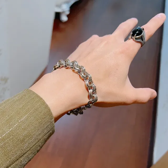 Silver Black Chunky Link Chain Ornate Bracelet 7