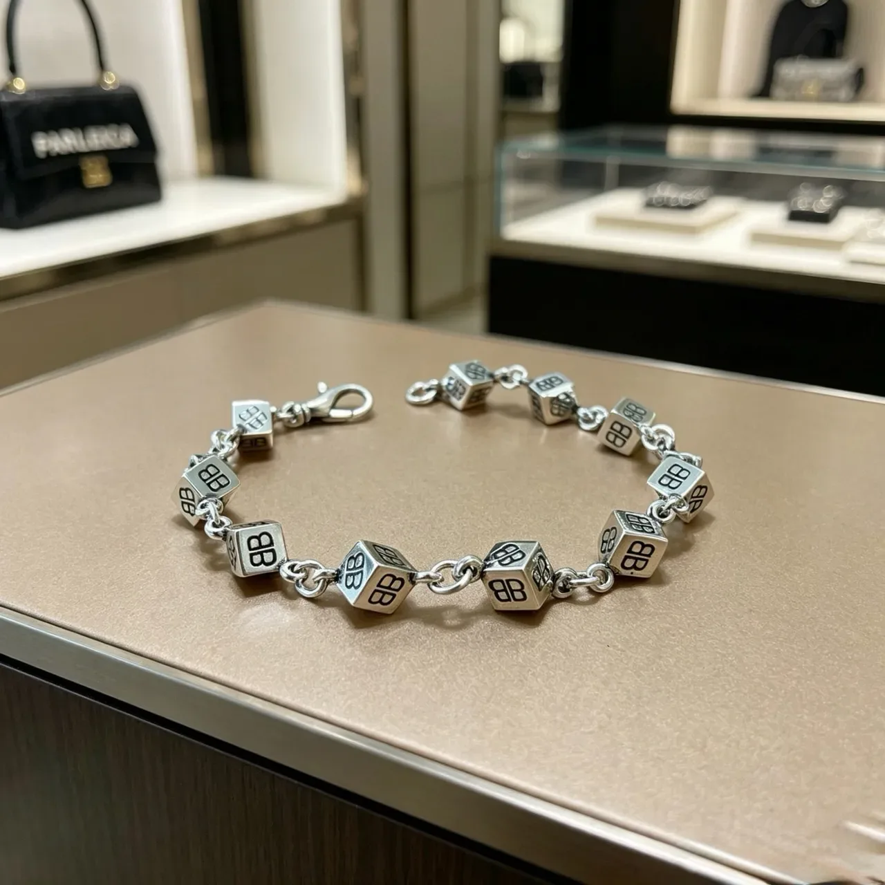 Silver Black Cuboid Link Design Engraved Monogram Bracelet 2