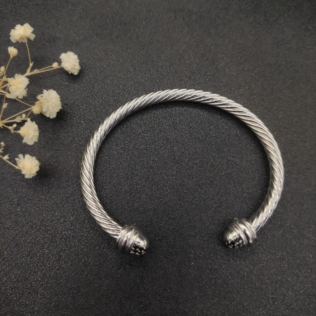 Silver Black Twisted Cable Open Cuff Bracelet 5