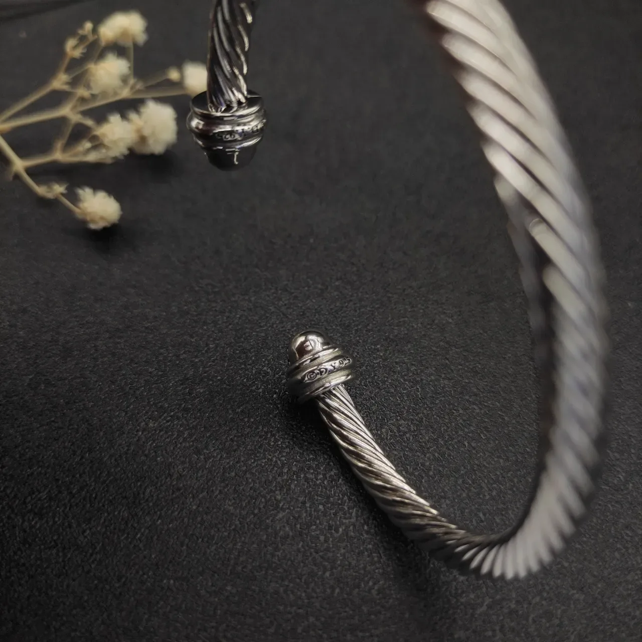 Silver Black Twisted Cable Open Cuff Bracelet 6