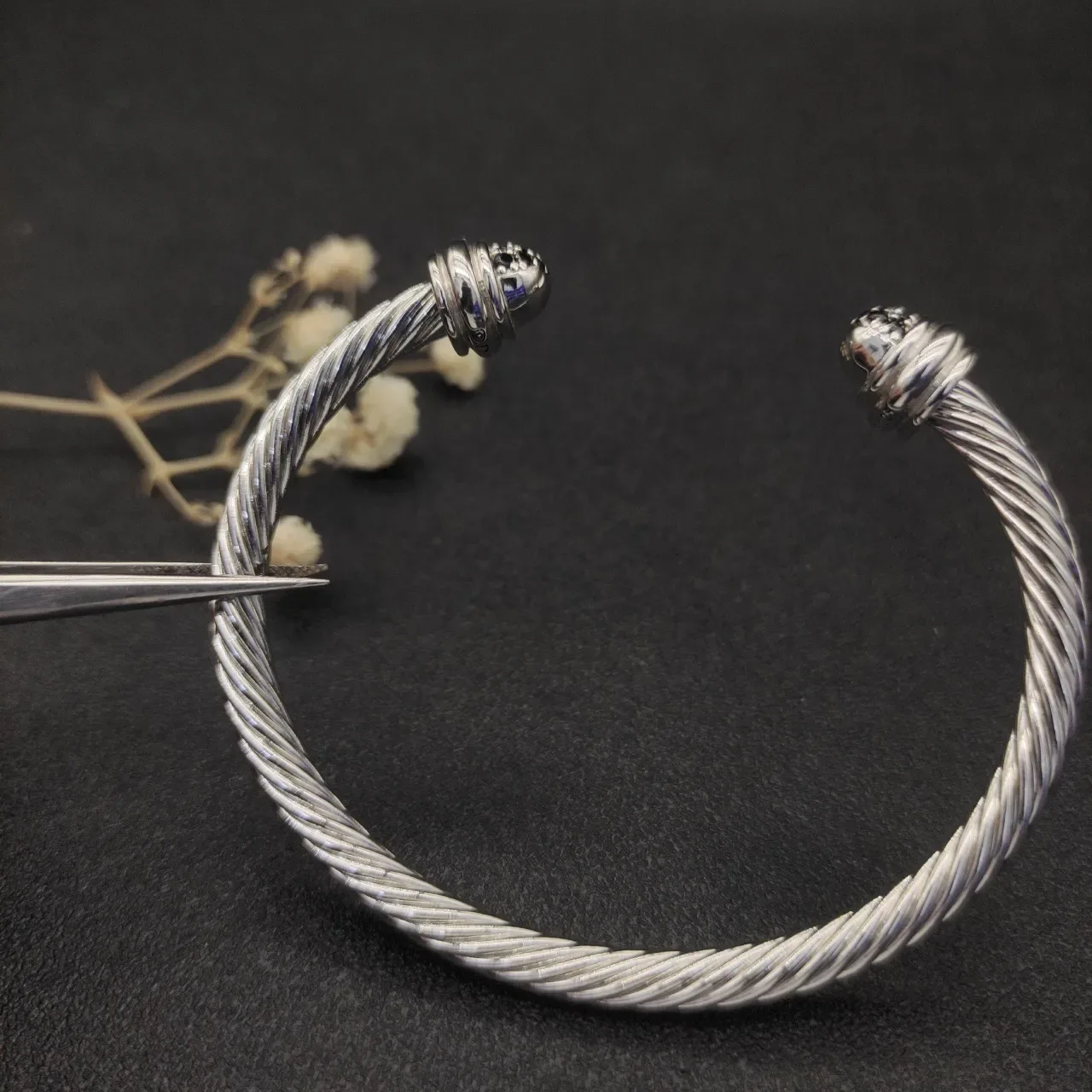 Silver Black Twisted Cable Open Cuff Bracelet 7