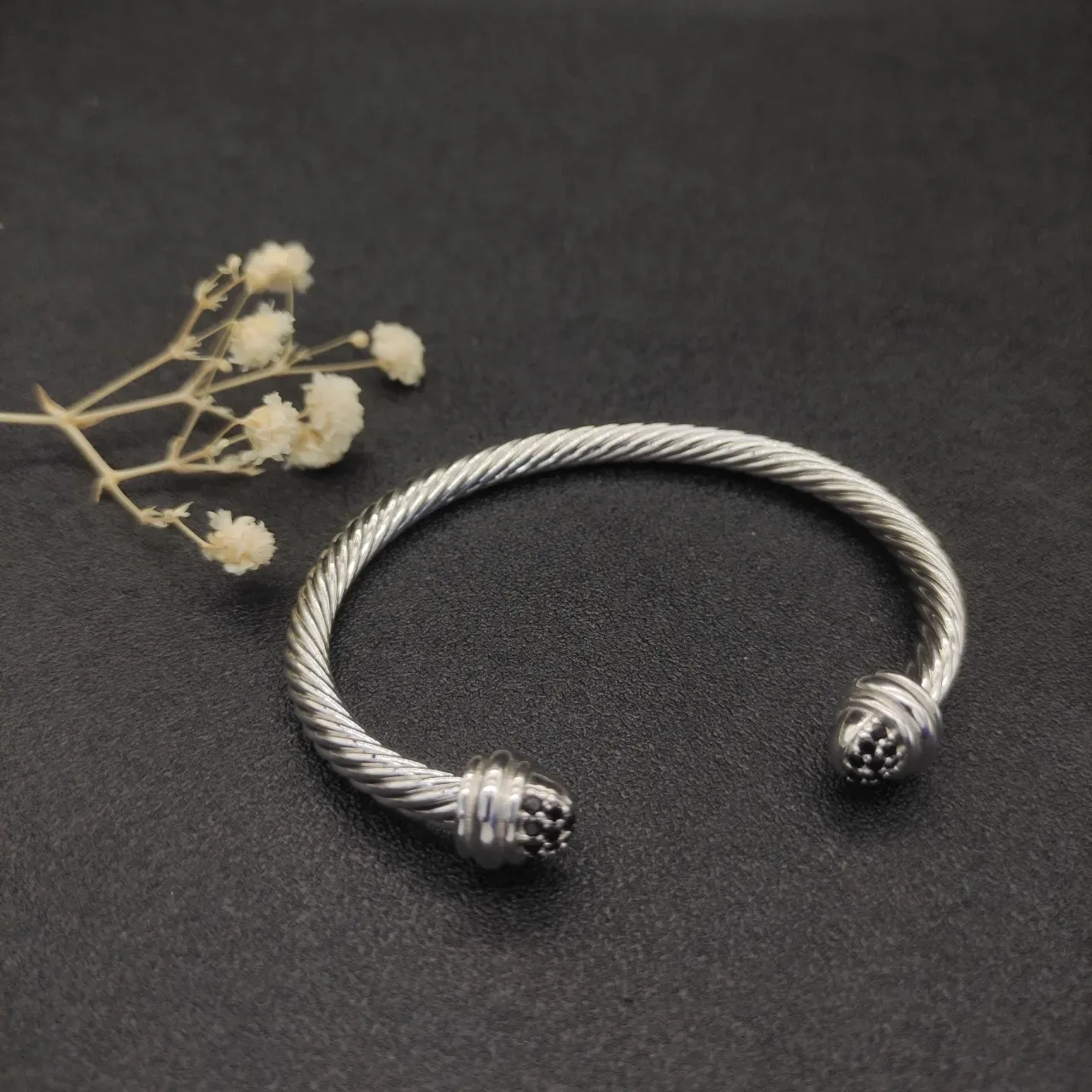 Silver Black Twisted Cable Open Cuff Bracelet 8