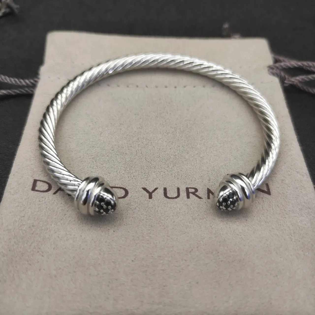 Silver Black Twisted Cable Open Cuff Bracelet 9