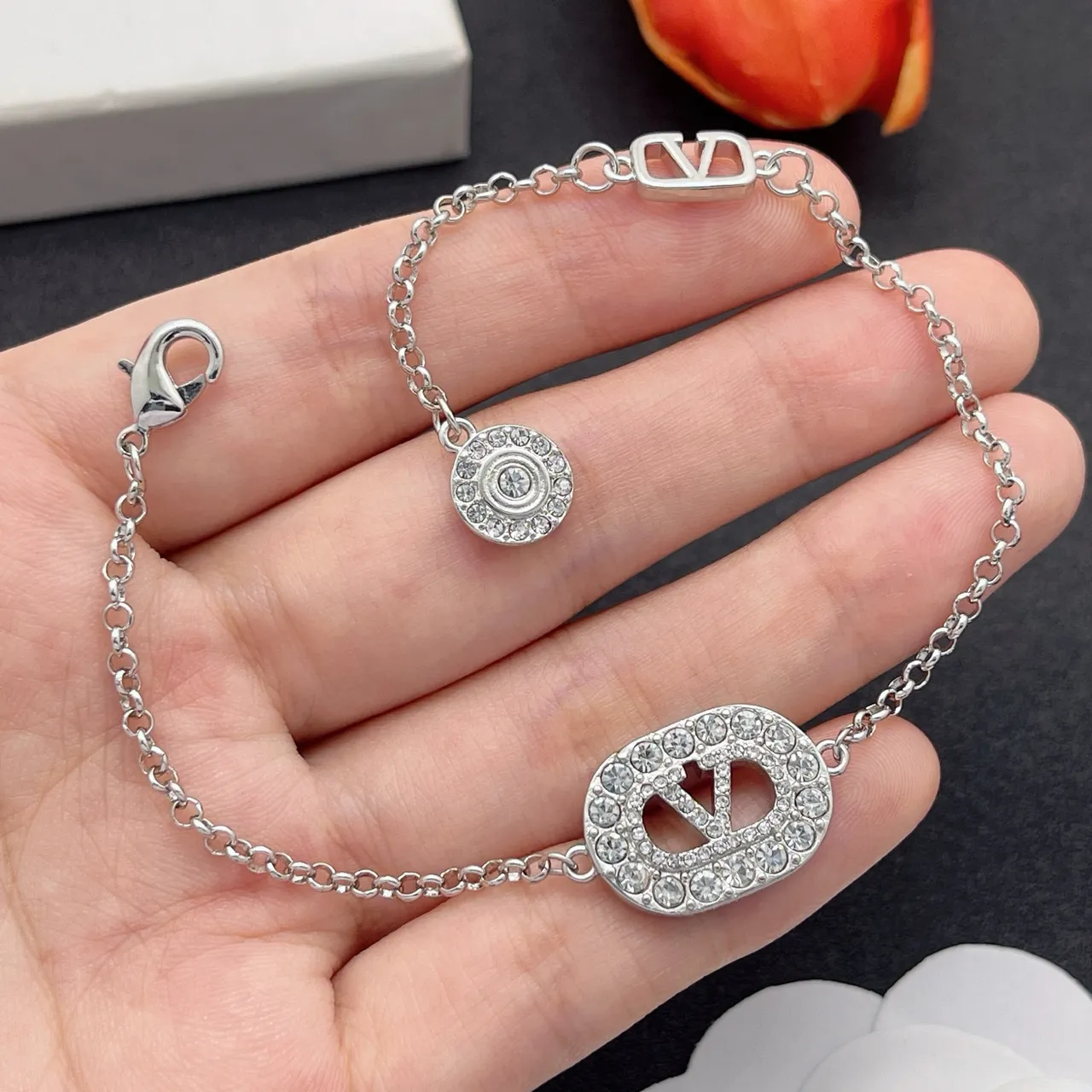 Silver Chain Link Two Monogram Charms Bracelet 8