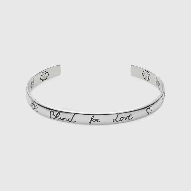 Silver Engraved 'Blind for Love' Open Cuff Bracelets 2