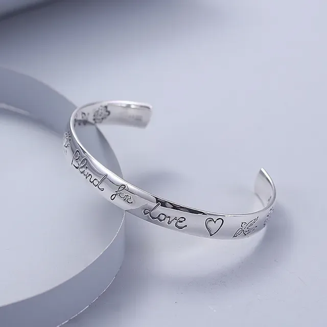 Silver Engraved 'Blind for Love' Open Cuff Bracelets 3