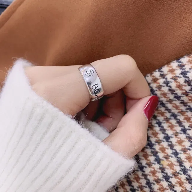 Silver Engraved Heart Motif Wide Band Ring 3