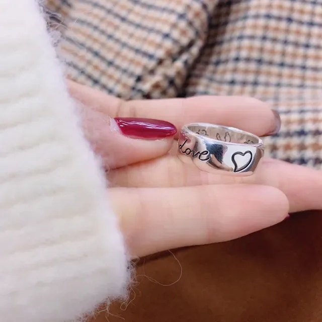 Silver Engraved Heart Motif Wide Band Ring 4