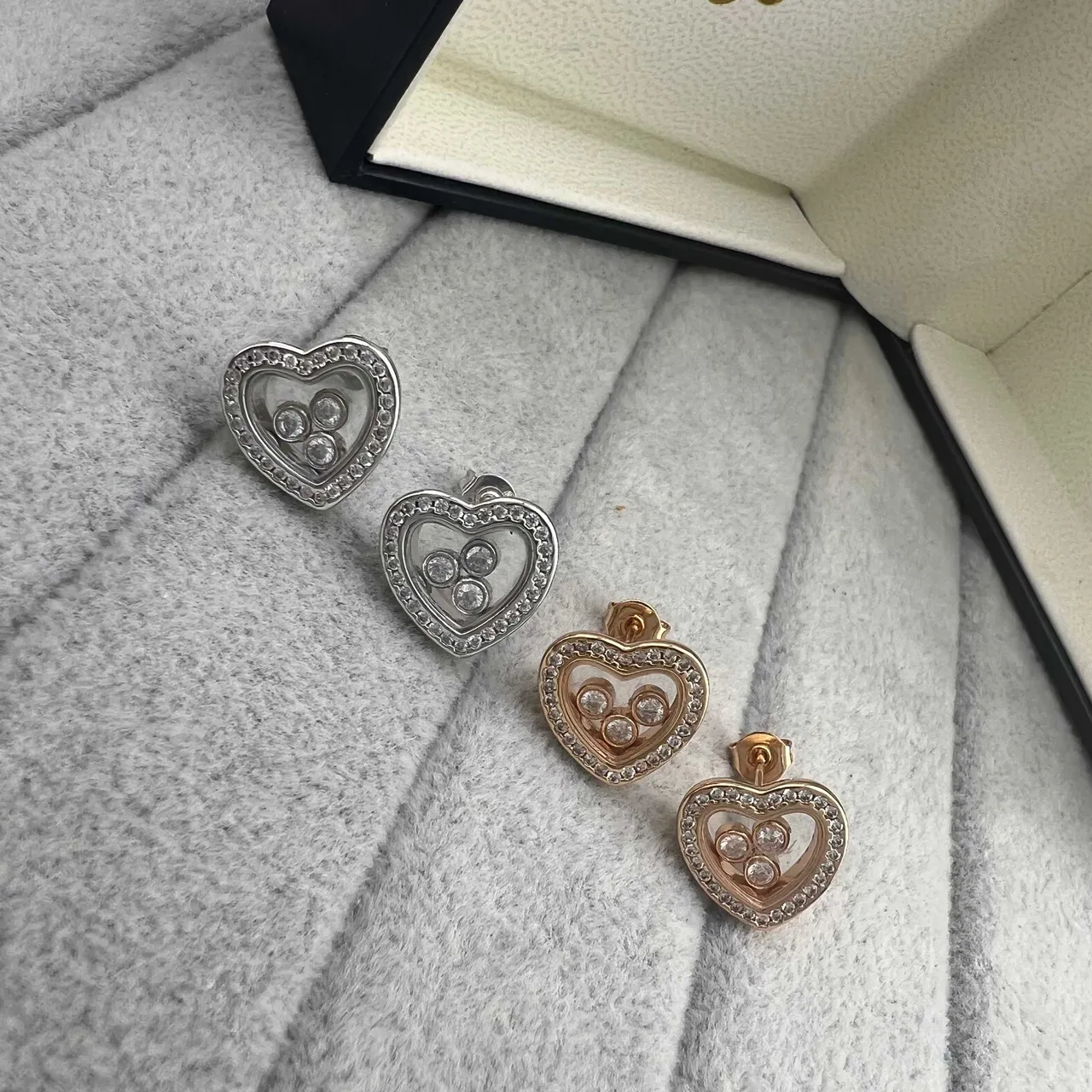 Silver Gold Heart-Shaped Pavé-Set Earrings 7
