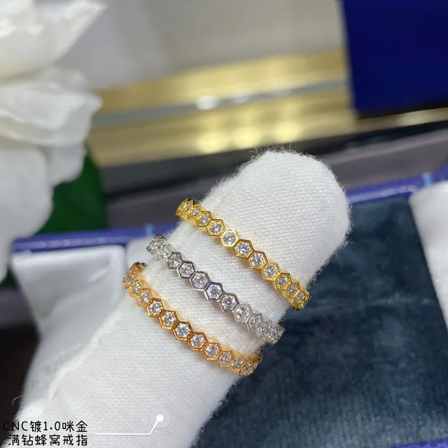 Silver Gold Hexagonal Honeycomb Setting Full Pavé Diamond Band Ring 7