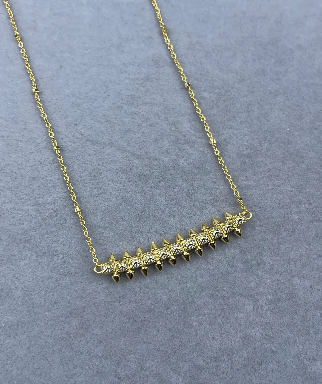 Silver Gold Spiked Bar Pendant Pavé-Set Stones Necklace 3