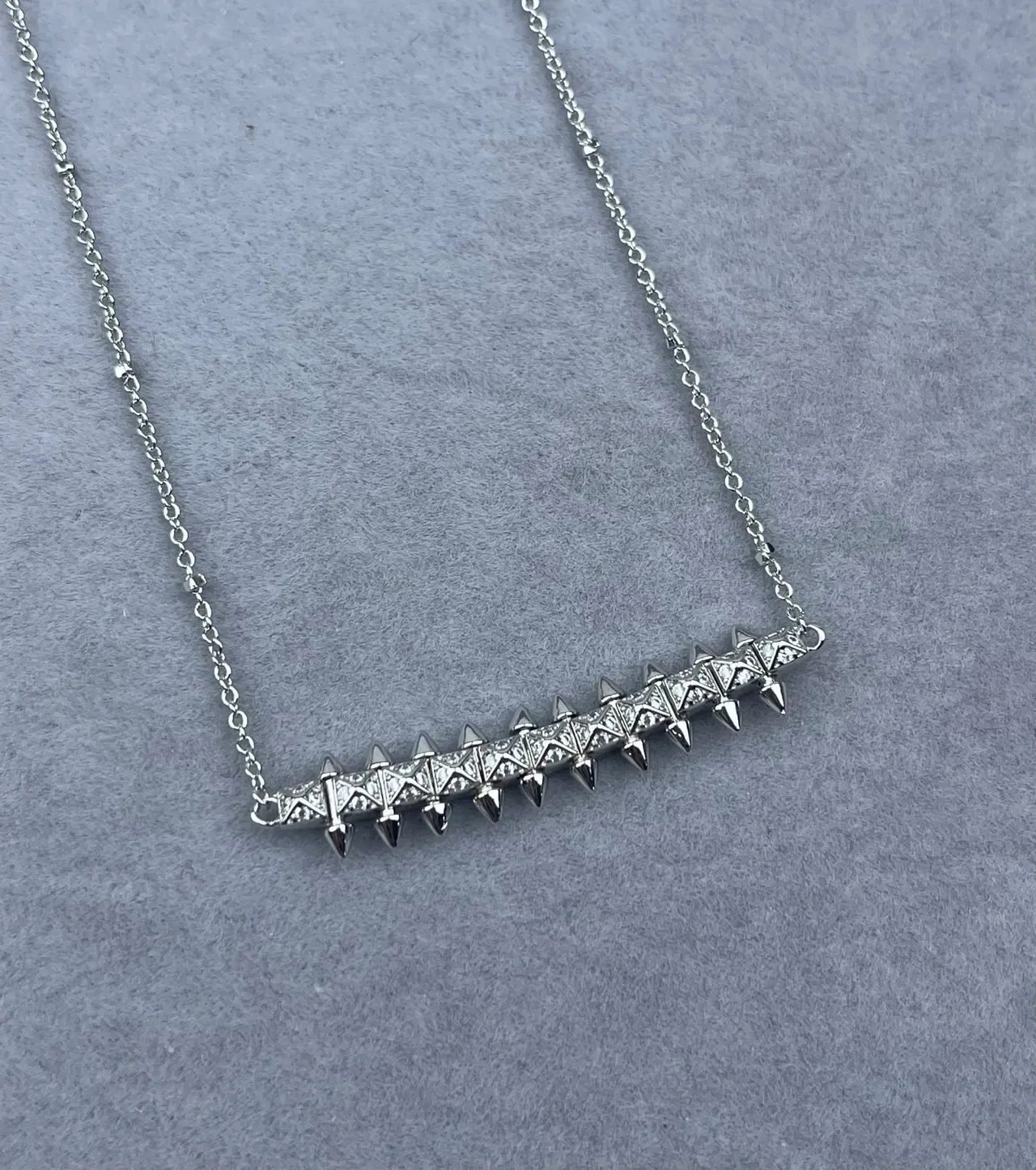 Silver Gold Spiked Bar Pendant Pavé-Set Stones Necklace 4