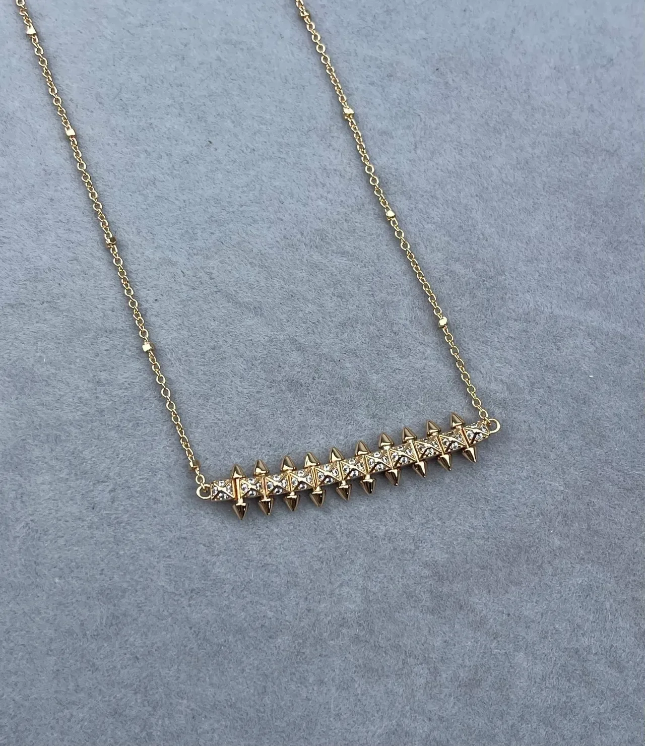 Silver Gold Spiked Bar Pendant Pavé-Set Stones Necklace 5