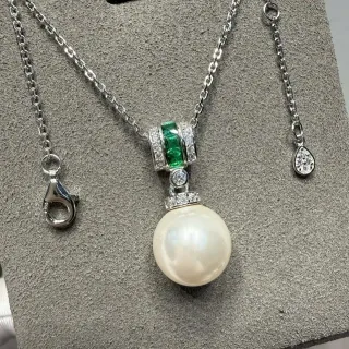 Silver Green Pearl Drop Pendant Emerald And Diamond Accent Necklace