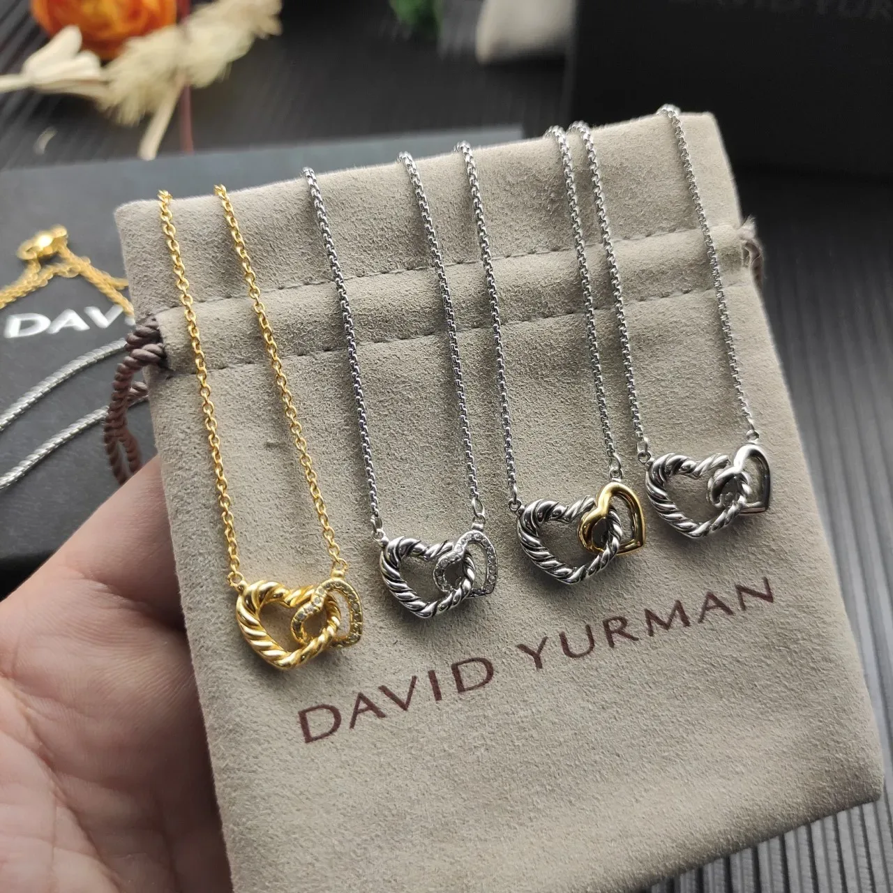 Silver Interlocking Hearts Twisted Rope Texture Necklace 2
