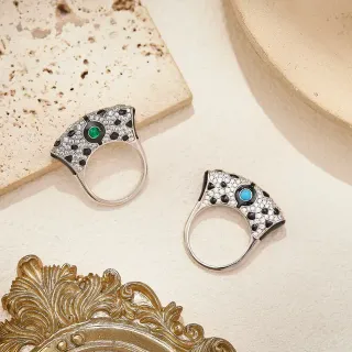 Silver Multicolor Fan-Shaped Pavé Top Cabochon Center Stone Ring
