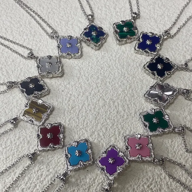 Silver Multicolor Four-Petal Clover-Shaped Pendant Ornate Scalloped Frame Necklace 2