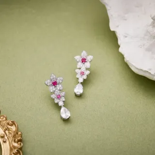 Silver Pink Floral Motif Dangling Drop Earrings