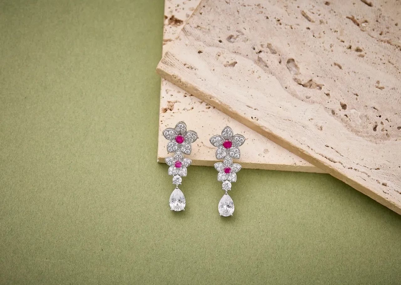 Silver Pink Floral Motif Dangling Drop Earrings 2