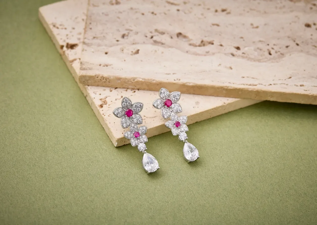 Silver Pink Floral Motif Dangling Drop Earrings 3
