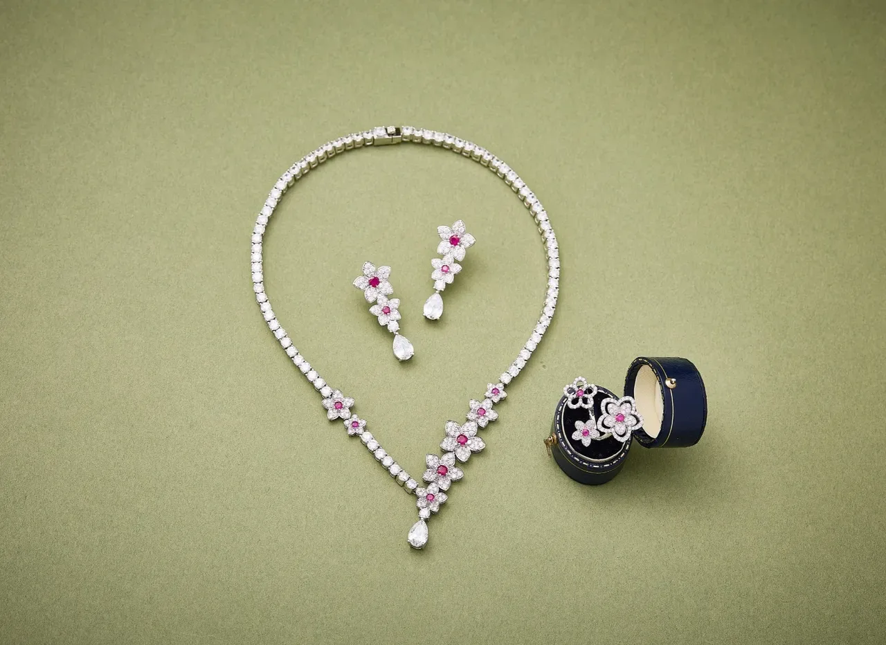 Silver Pink Floral Motif Dangling Drop Earrings 4