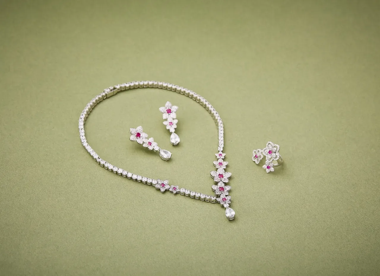 Silver Pink Floral Motif Dangling Drop Earrings 5