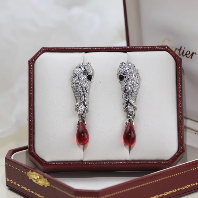 Silver Red Animal-Head Motif Pavé Crystal Setting Earrings 2