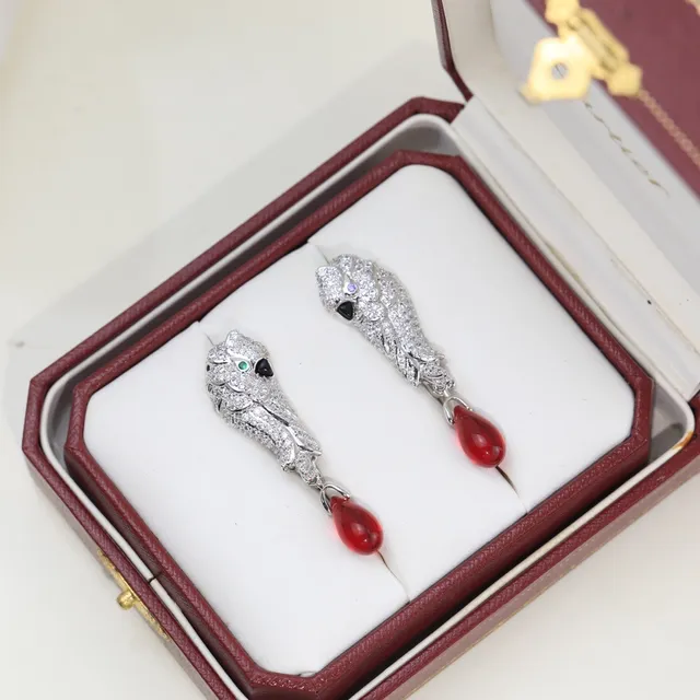 Silver Red Animal-Head Motif Pavé Crystal Setting Earrings 3