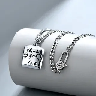Silver Square Engraved 'Blind for Love' Heart Pendant Necklace 2