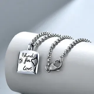 Silver Square Engraved 'Blind for Love' Heart Pendant Necklace 3