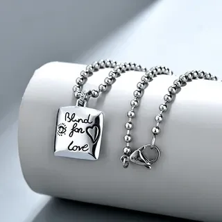 Silver Square Engraved 'Blind for Love' Heart Pendant Necklace 4