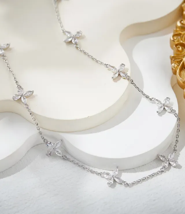 Silver-Tone Floral Motif Clear Stone Necklace 5