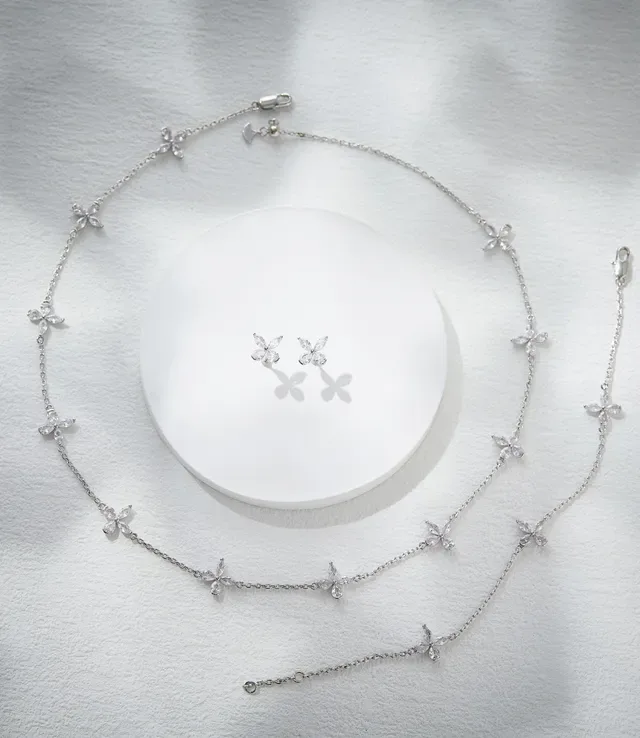 Silver-Tone Floral Motif Clear Stone Necklace 6