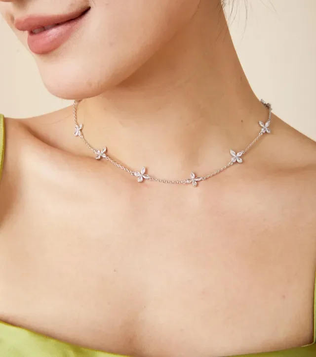Silver-Tone Floral Motif Clear Stone Necklace 7