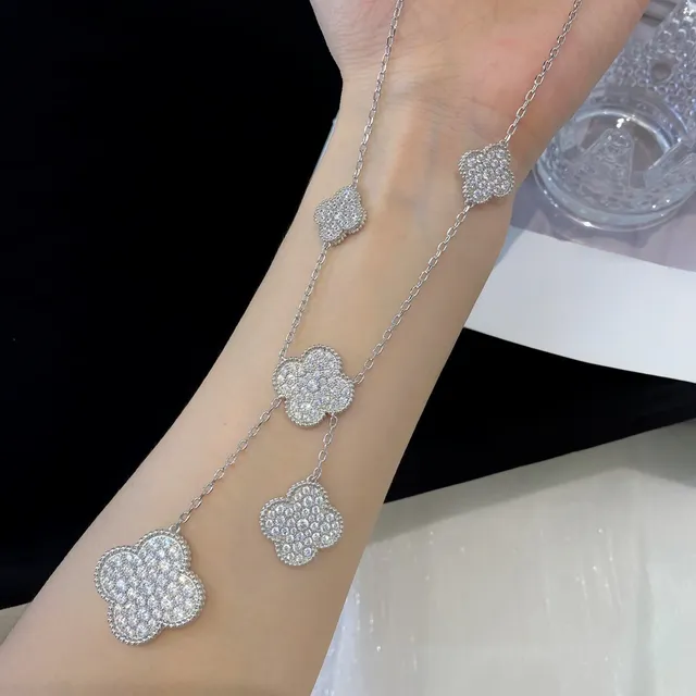 Silver-Tone Pavé Clover Motif Multi-Pendant Chain Necklace 2