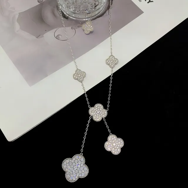Silver-Tone Pavé Clover Motif Multi-Pendant Chain Necklace 8