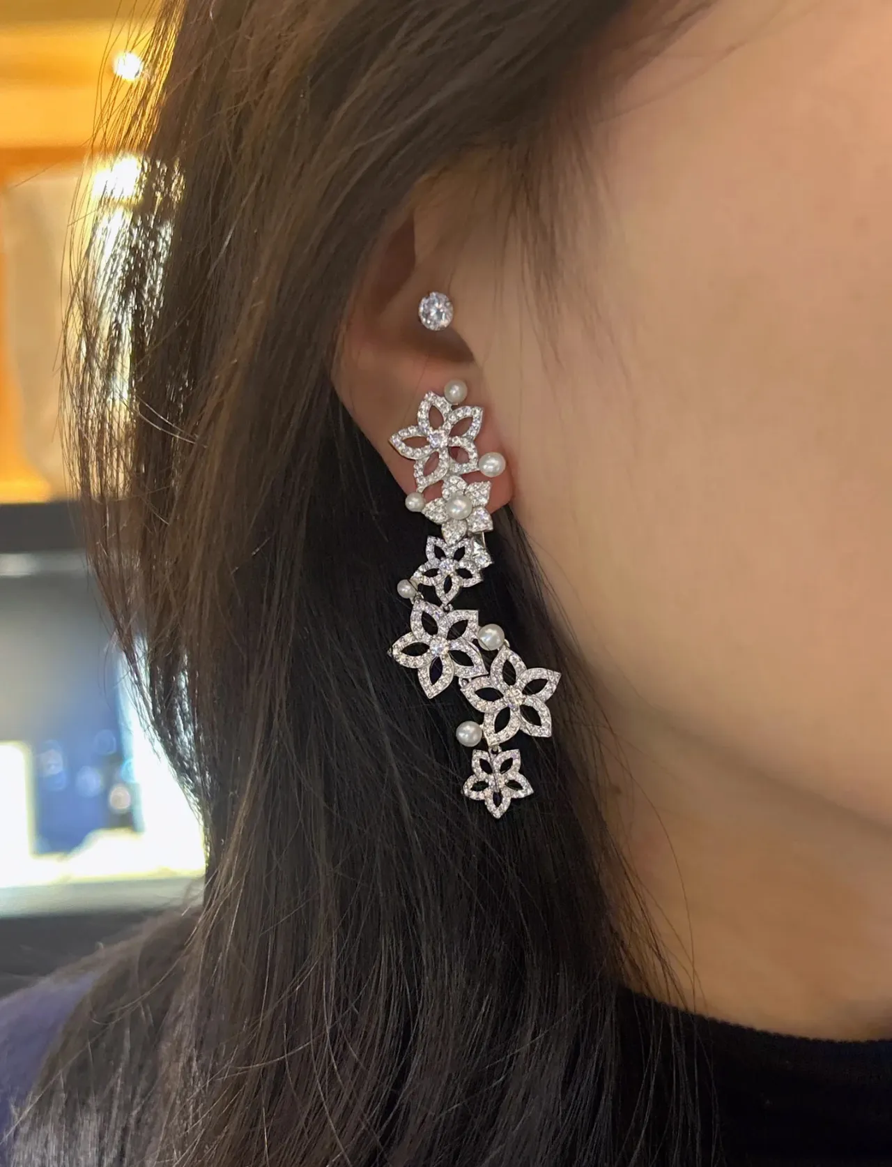 Silver-Tone Pearl and Crystal Floral-Star Dangling Earrings 2